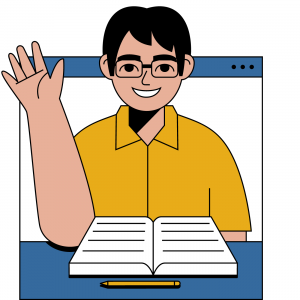 Illustration vectorielle d'un homme dans un onglet de page internet, faisant un signe de la main. Un livre est ouvert sur son bureau.